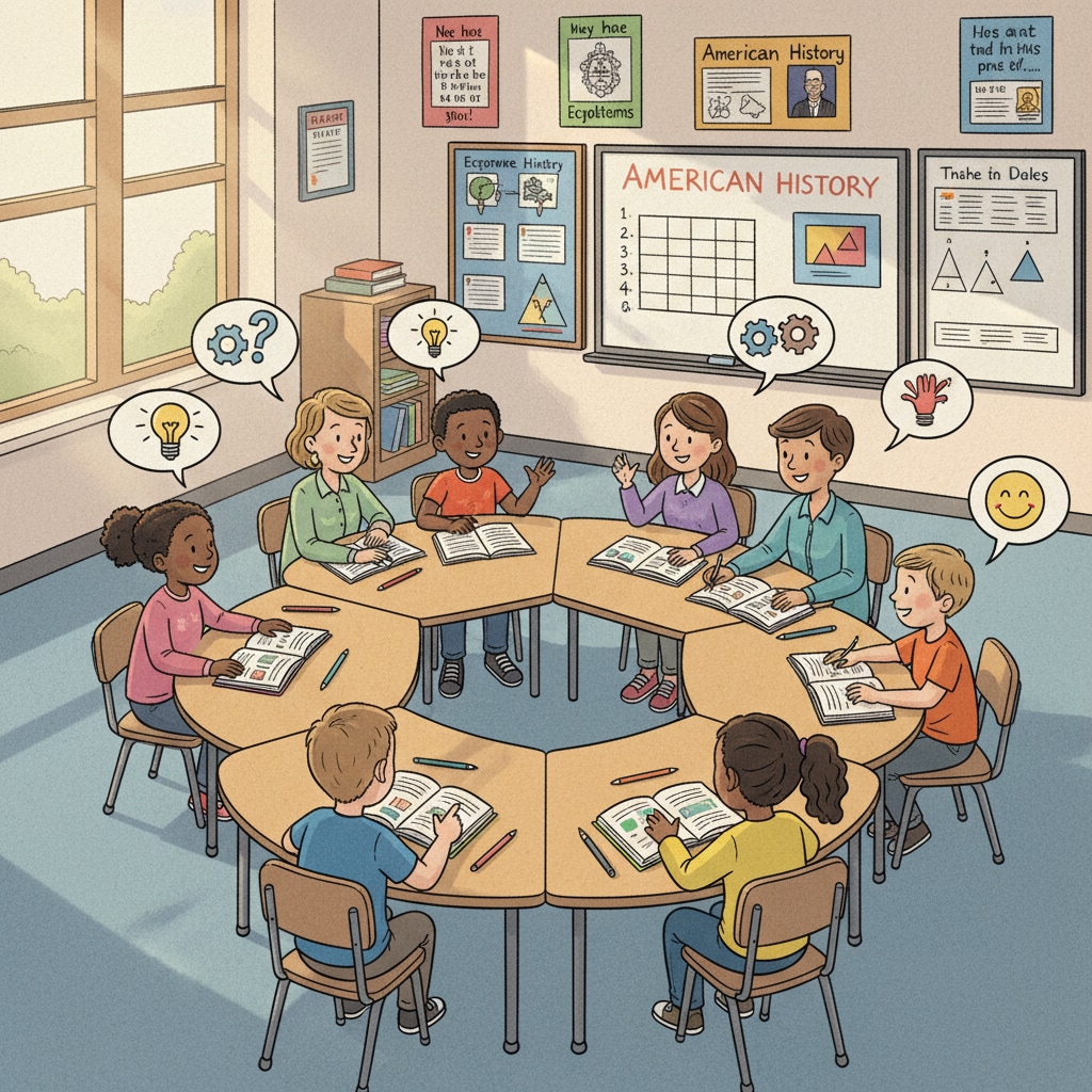 A classroom scene in the US where students are actively engaged in group discussions, with tables arranged in a circular pattern and students sharing ideas. A classroom scene in the US highlighting the active participation of students, related to education systems, cultural differences, and learning pressures.