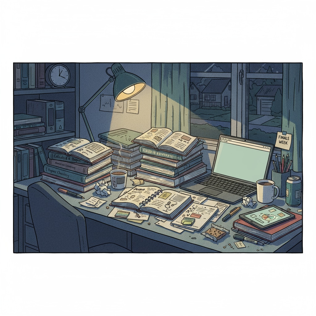 A student in the US studying late at night, with a desk filled with books, notebooks, and papers, showing the learning pressure. A US student under learning pressure, associated with education systems, cultural differences, and learning pressures.