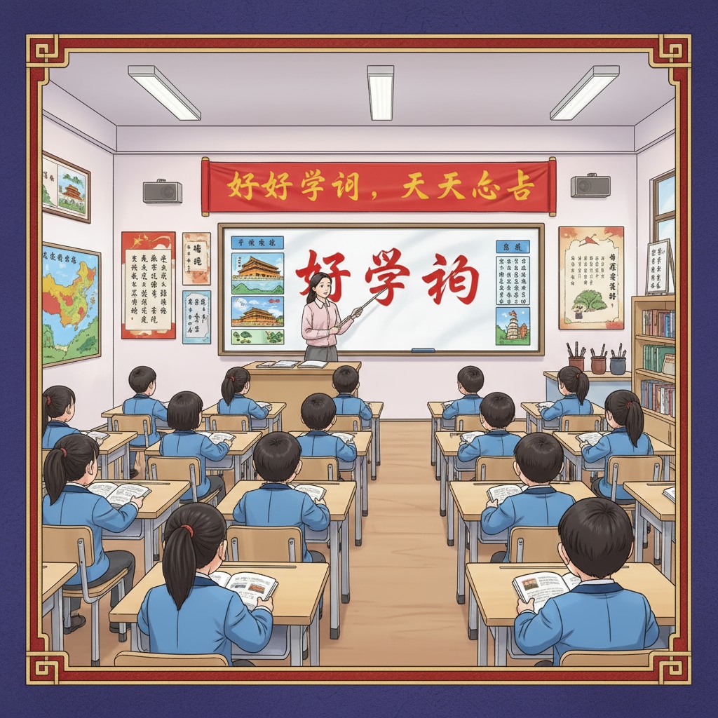 A Chinese classroom with students sitting in an orderly manner, looking attentively at the teacher at the front, demonstrating cultural influences on education. A Chinese classroom scene reflecting cultural influences on education, related to education systems, cultural differences, and learning pressures.