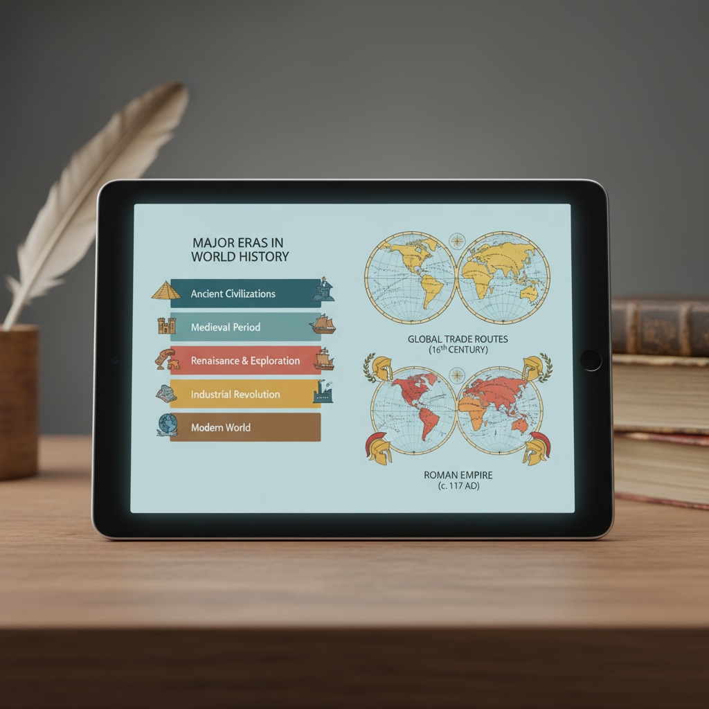 A digital screen displays a variety of historical charts, including timelines and maps. Historical charts on a digital screen for history learning