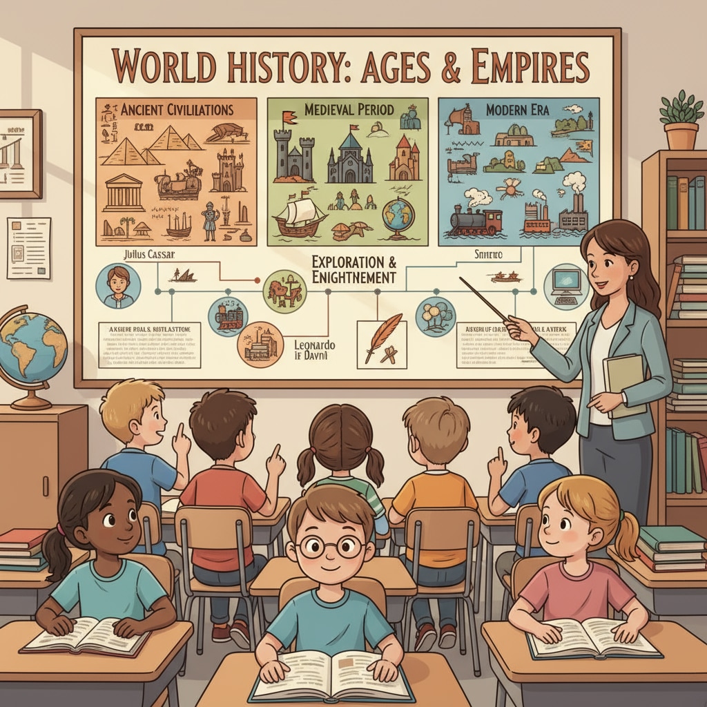 A classroom setting with students looking intently at a large historical chart on the wall. Students studying a historical chart in a classroom for history education