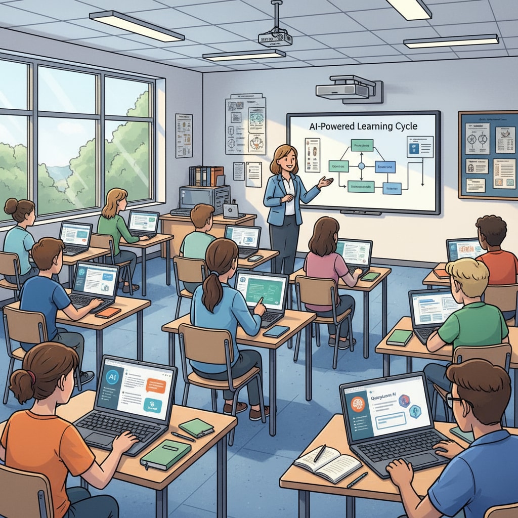 A classroom scene where students are using their laptops, and the screens show AI interfaces like ChatGPT, indicating the integration of AI in the learning environment. Students using AI tools in a classroom setting, highlighting the academic integrity, ChatGPT use, and moral dilemmas faced.