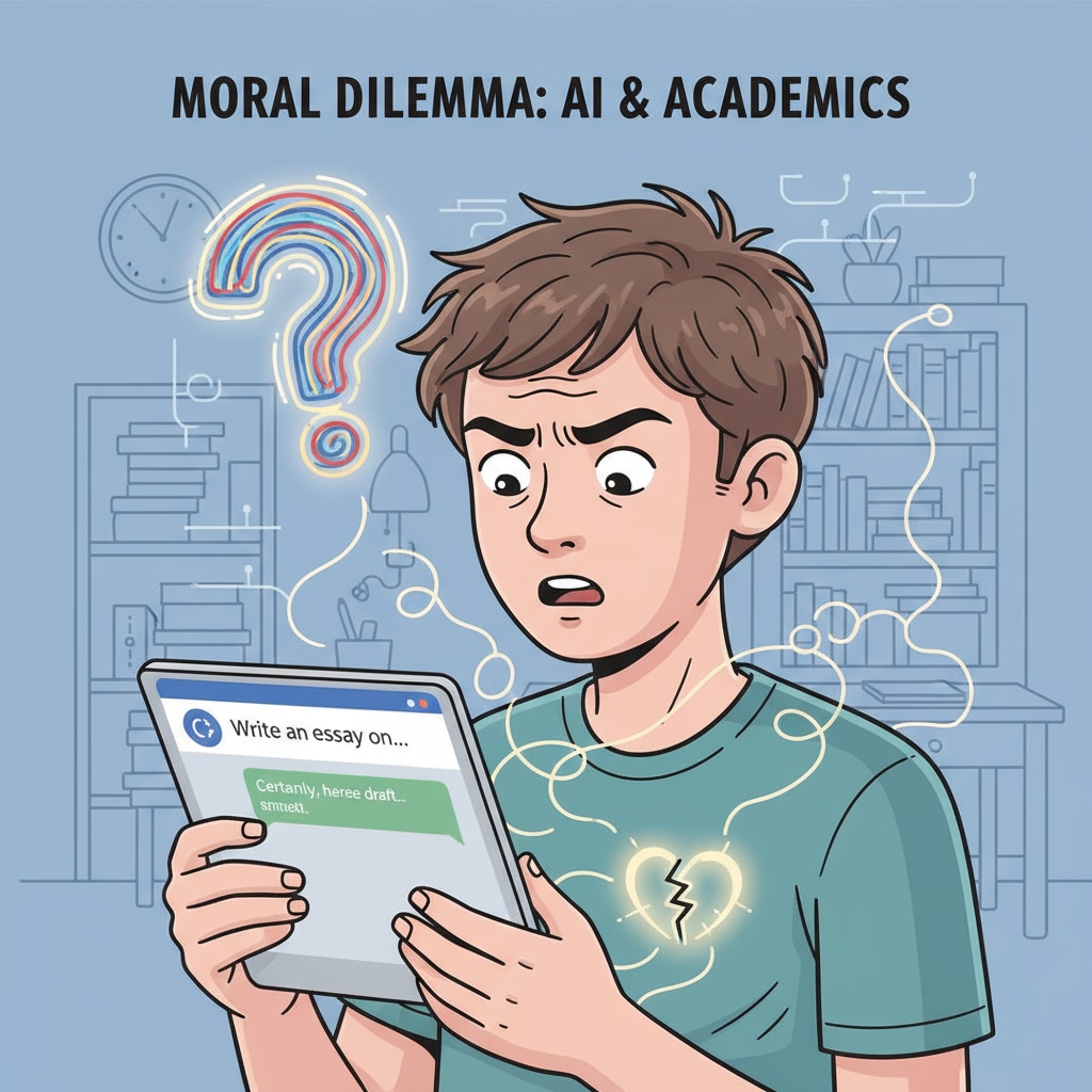 A close-up of a student looking confused while using a device with ChatGPT open, symbolizing the moral confusion students experience when using such AI tools. A student's confused expression while using ChatGPT, representing the moral dilemmas in academic use of AI.