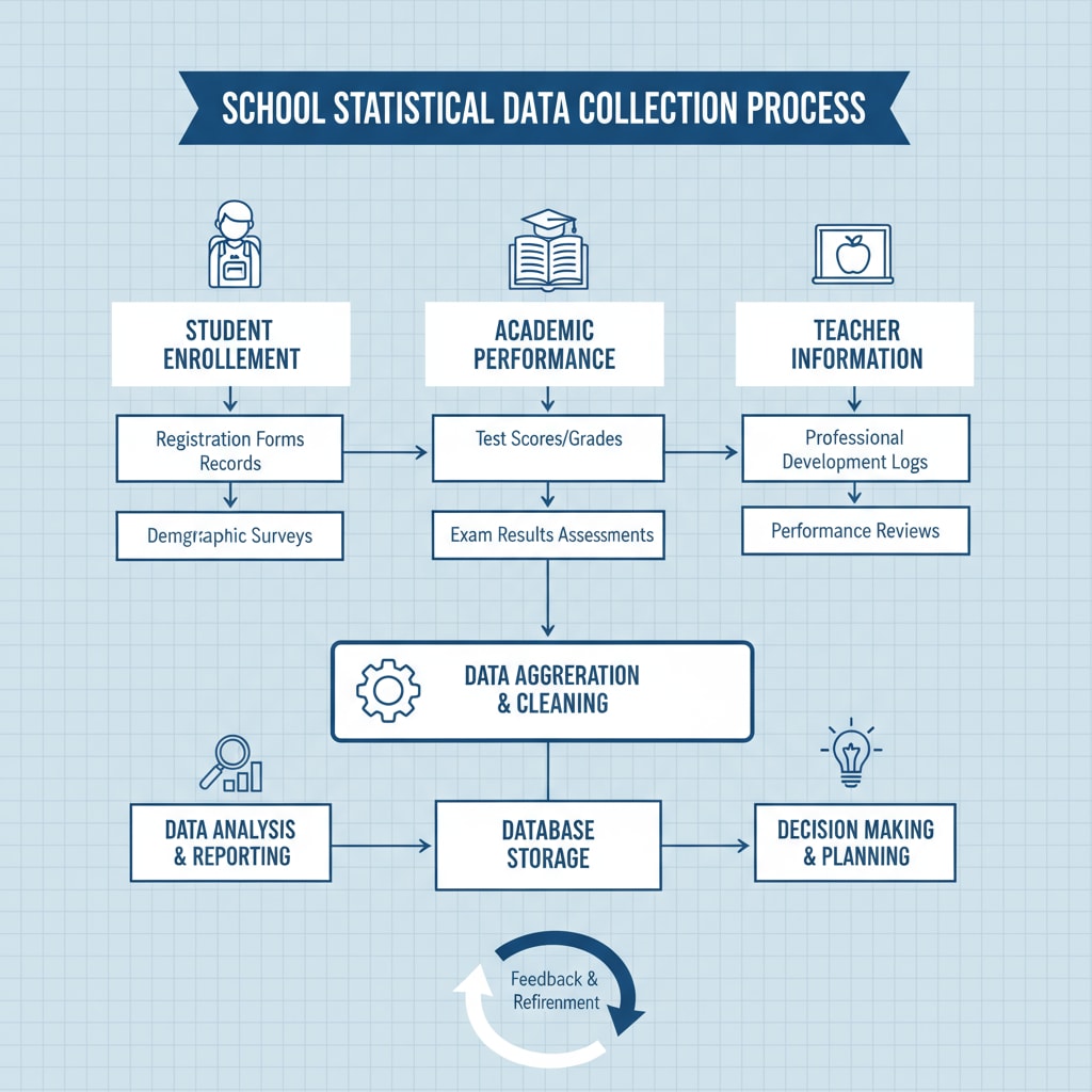 A graphic showing the process of collecting various types of school statistical data, including student enrollment, academic performance, and teacher-related information. School statistical data collection overview