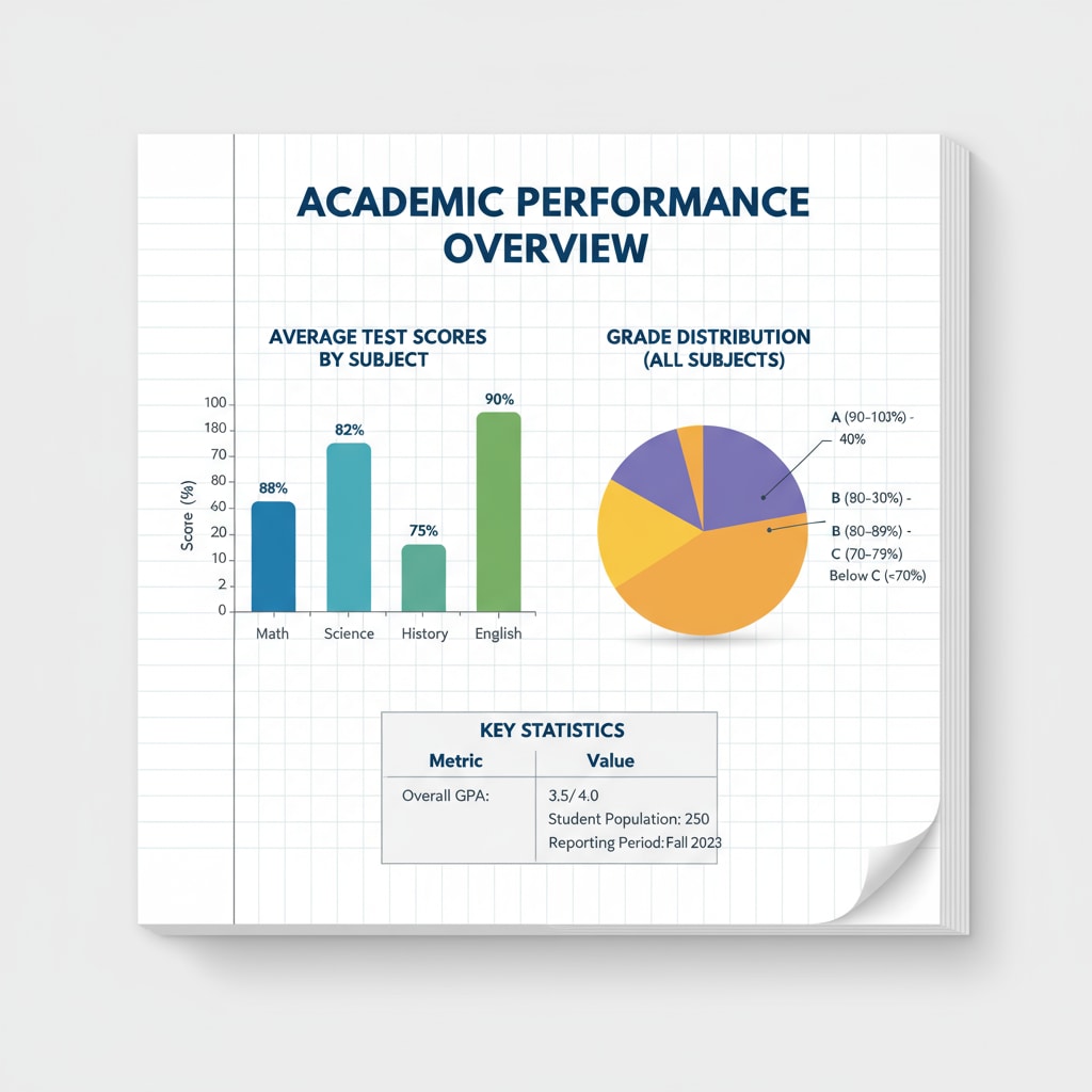 A chart presenting academic performance data, such as average test scores and grade distributions, in a visual format. Visual representation of academic performance data