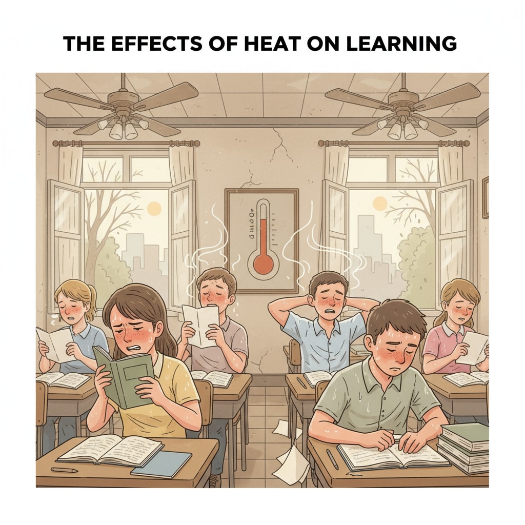 A group of students sitting in a hot, stuffy classroom with no air conditioning, looking uncomfortable Students in a hot classroom with no air conditioning showing discomfort