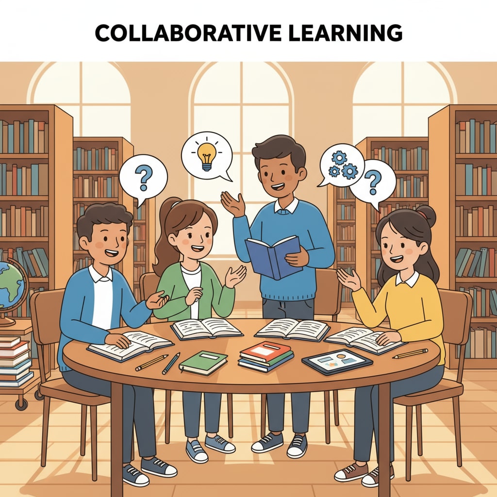 A group of students studying together in a library, engaged in discussions and reading books, showing positive learning attitudes. Students implementing learning strategies for high scores in a library