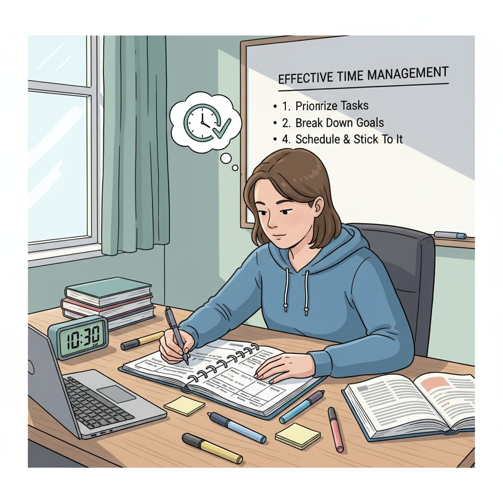 A student sitting at a desk, using a planner to write down study tasks and allocate time, demonstrating effective time management. Student using time management strategies for high scores