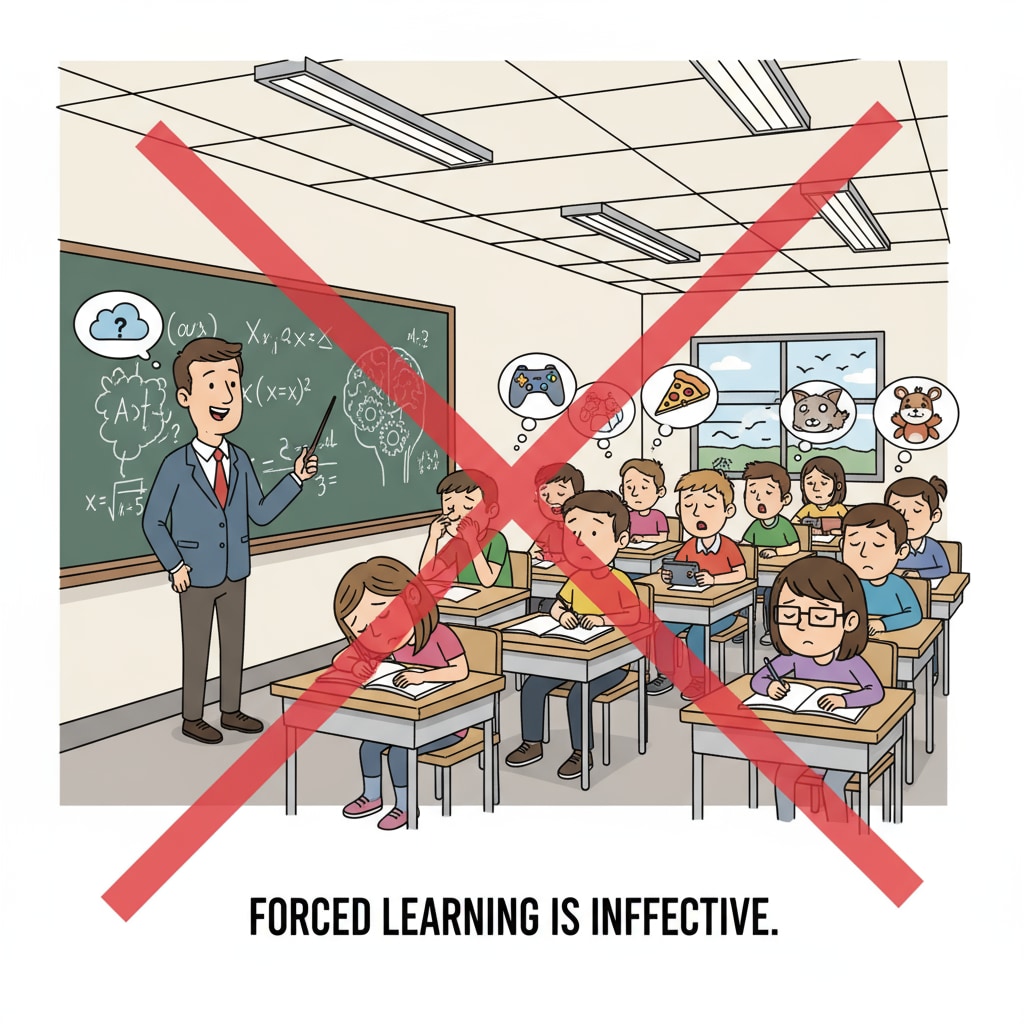 A classroom scene shows students looking bored and uninterested during a lesson, indicating the ineffectiveness of forced learning. A bored classroom scene related to compulsory learning in the education system and student behavior