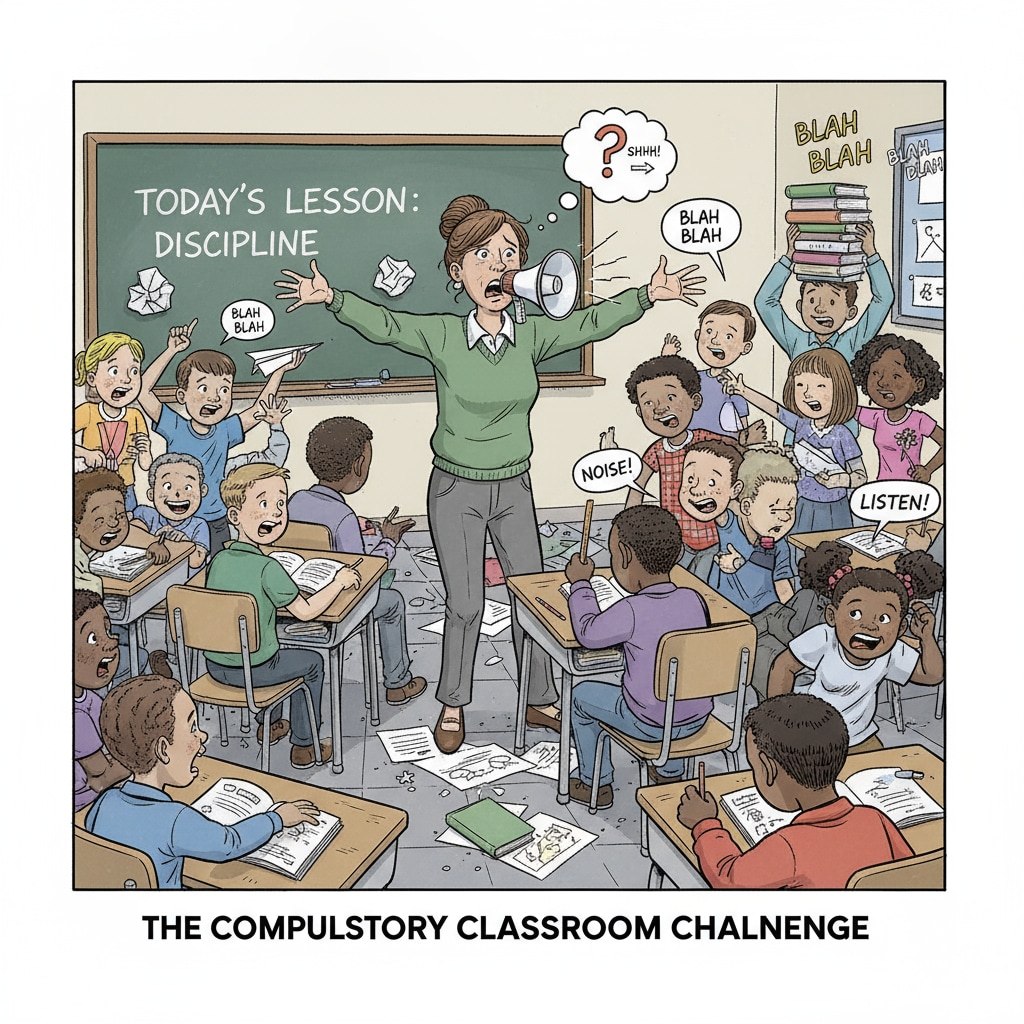 A teacher is seen trying to manage a rowdy classroom, highlighting the challenges of dealing with student behavior in a system based on compulsory learning. A teacher managing a difficult classroom due to compulsory learning in the education system