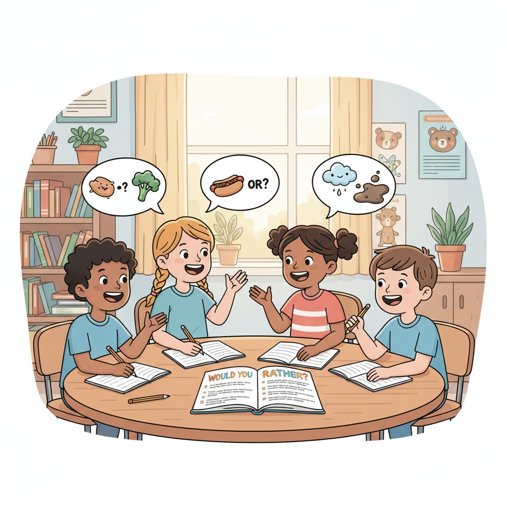 A group of children are sitting around a table, laughing and discussing their answers to Children playing