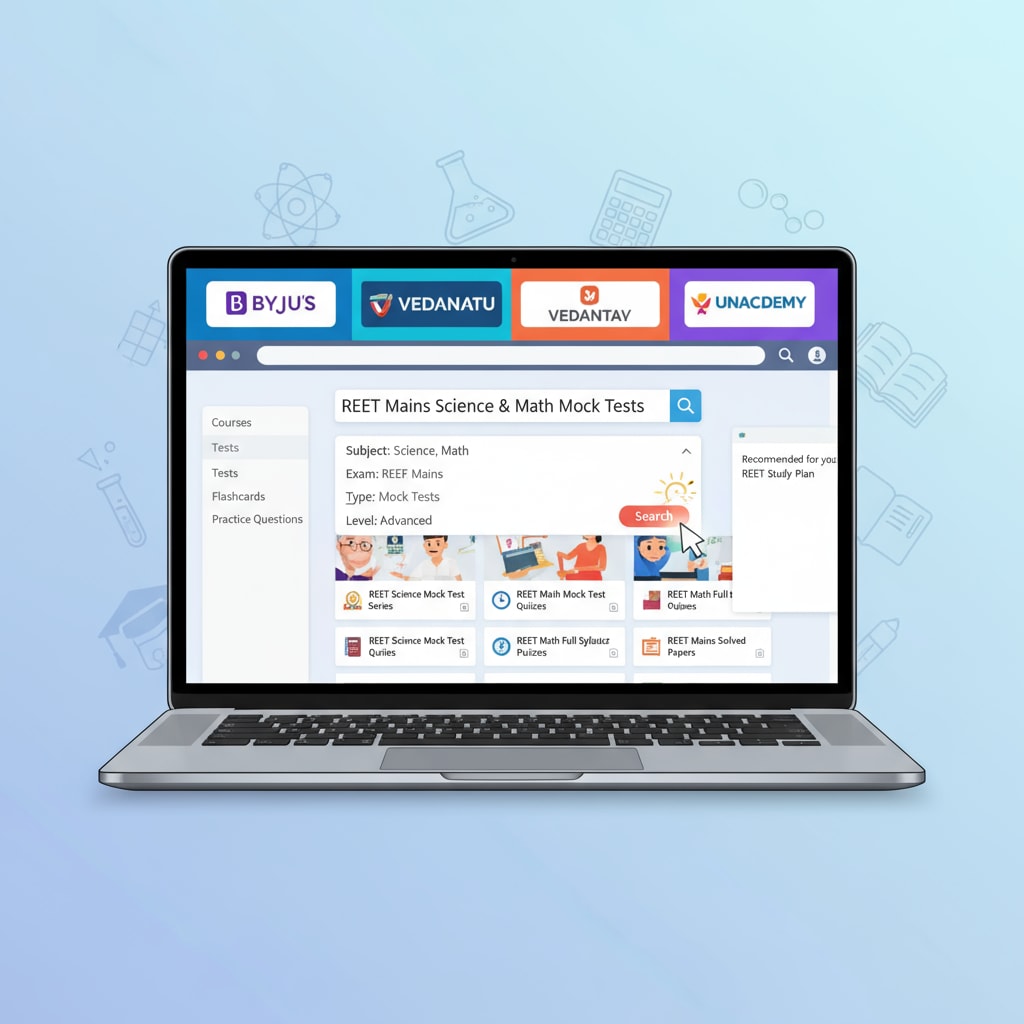 A person is browsing through different online educational platforms on a laptop to find REET Mains science and math mock tests, showing a way to search for mock test resources. Person browsing online platforms for REET Mains science and math mock tests