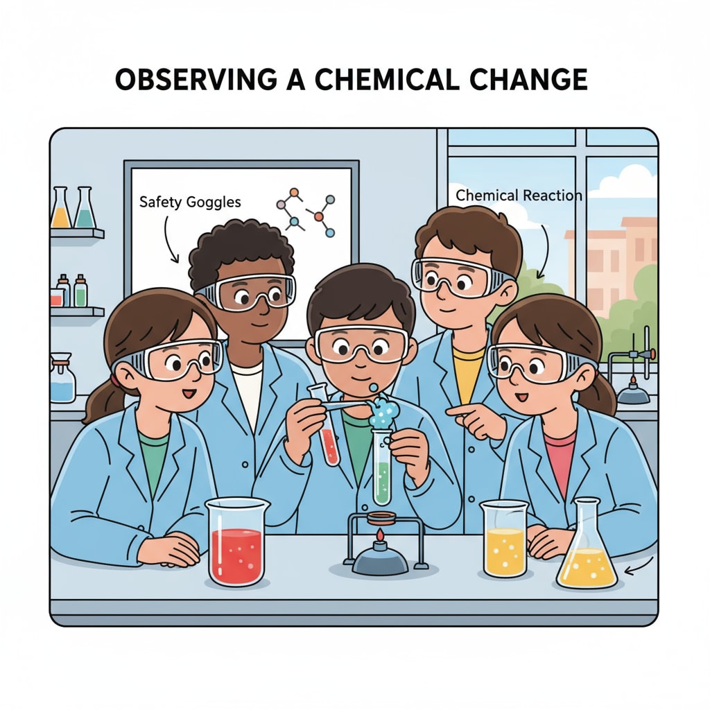 A group of K12 students are conducting a simple chemical experiment in a laboratory. They are wearing safety goggles and carefully observing the reaction in a test tube. K12 students engaged in a chemistry experiment for career planning in chemistry research