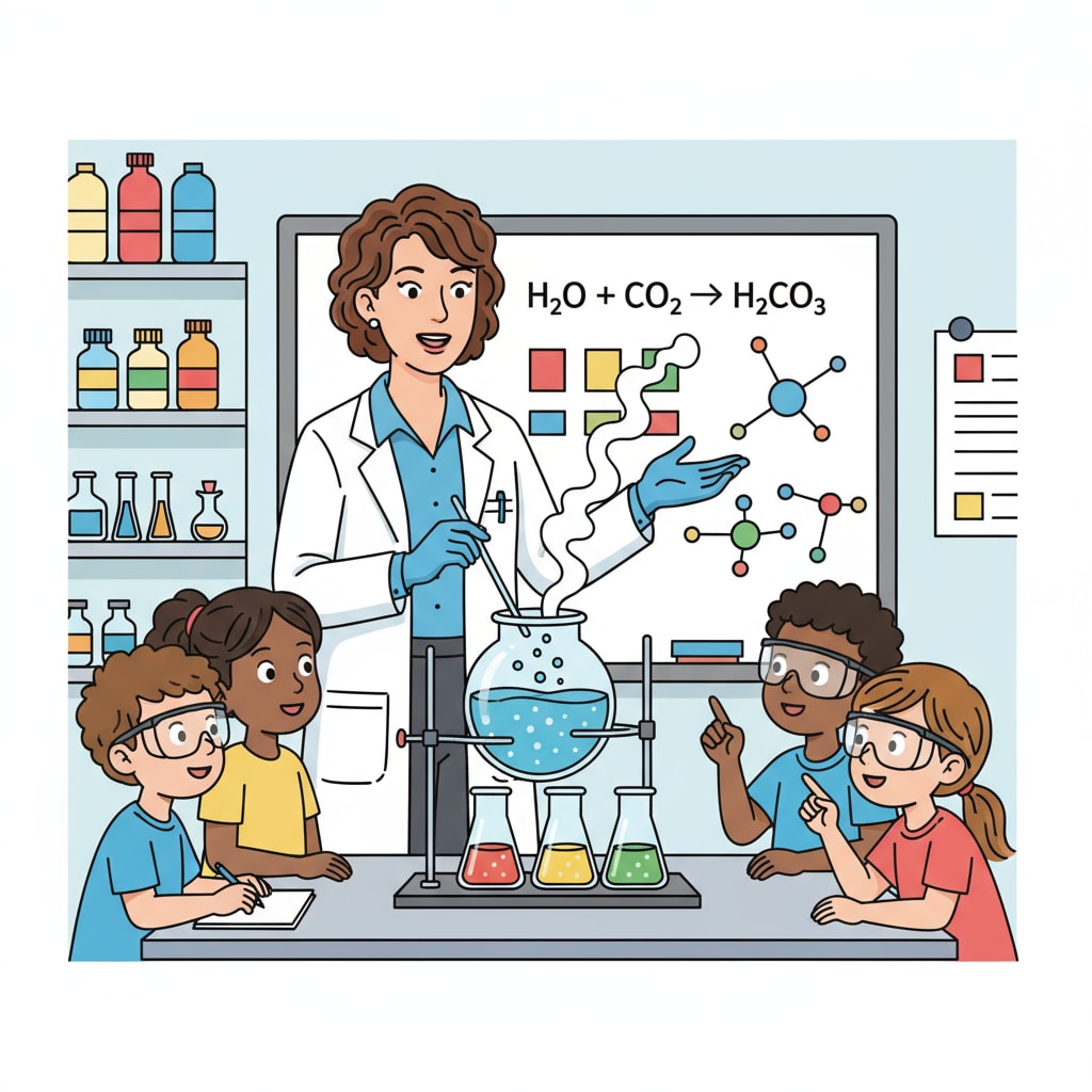 A teacher is demonstrating a chemical experiment to a group of K12 students. The teacher is explaining the steps and the chemical principles involved. A teacher guiding K12 students in a chemistry experiment for better understanding in chemistry research career planning