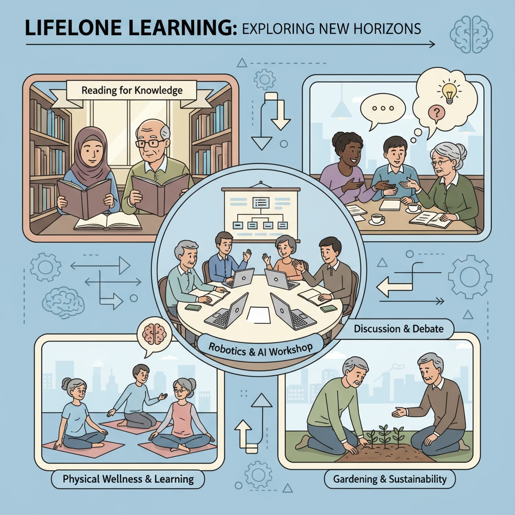 A group of people of different ages engaged in lifelong learning activities, highlighting the combination of formal education, lifelong learning, and the value of experience.