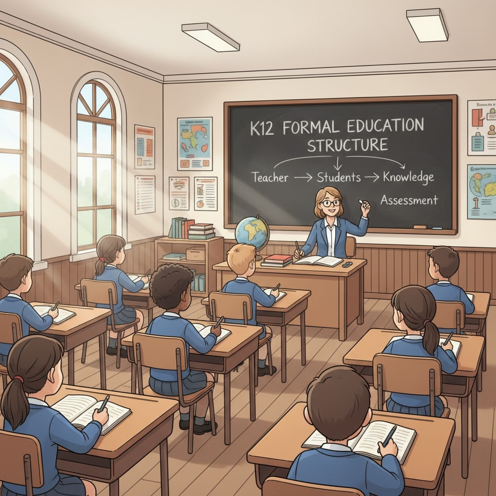 A classroom scene representing K12 formal education, showing its structure and the learning environment related to formal education, lifelong learning, and the value of experience.