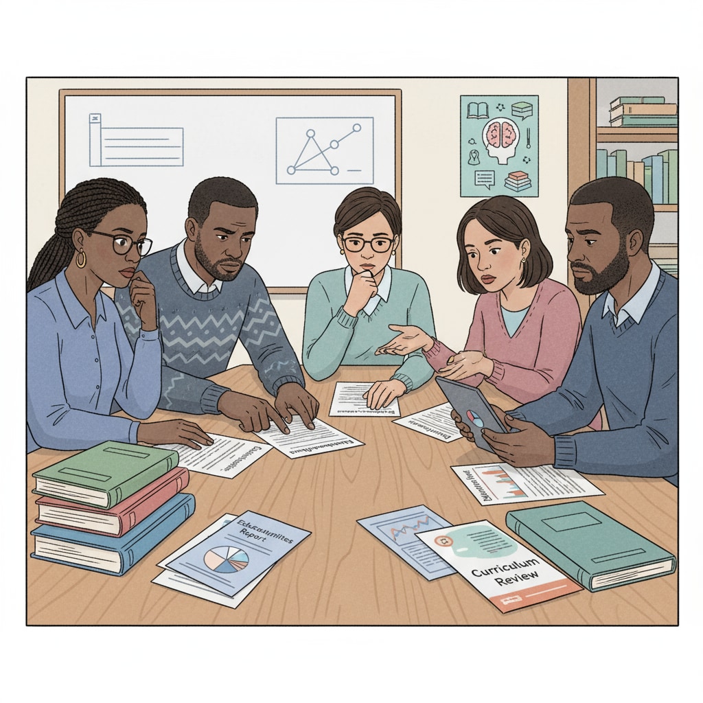 A group of non-white parents are gathered around a table, engaged in a serious discussion about their children's education. They are looking at documents and seem concerned about the educational opportunities available. Non-white parents discussing educational investment and curriculum design
