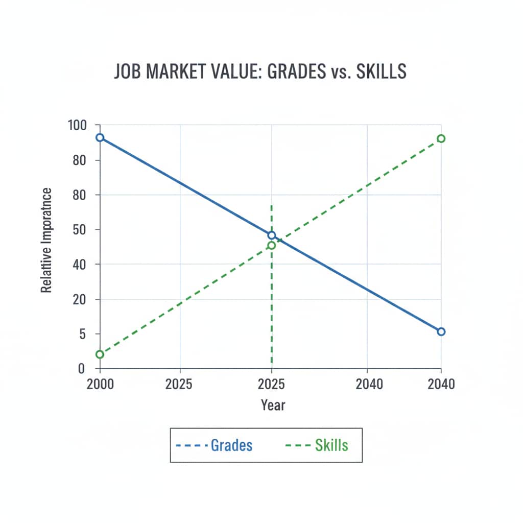 A graph showing the decreasing importance of grades and the increasing importance of skills in the job market over the years Graph depicting the changing importance of grades and skills in the job market, related to university grades, employment, and workplace value