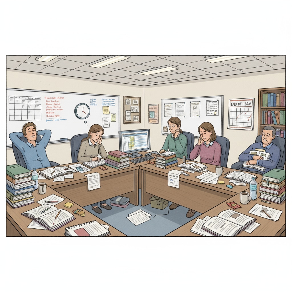 A group of K12 educators looking tired in the teachers' office, with papers and books scattered on their desks. K12 educators experiencing job burnout in the workplace