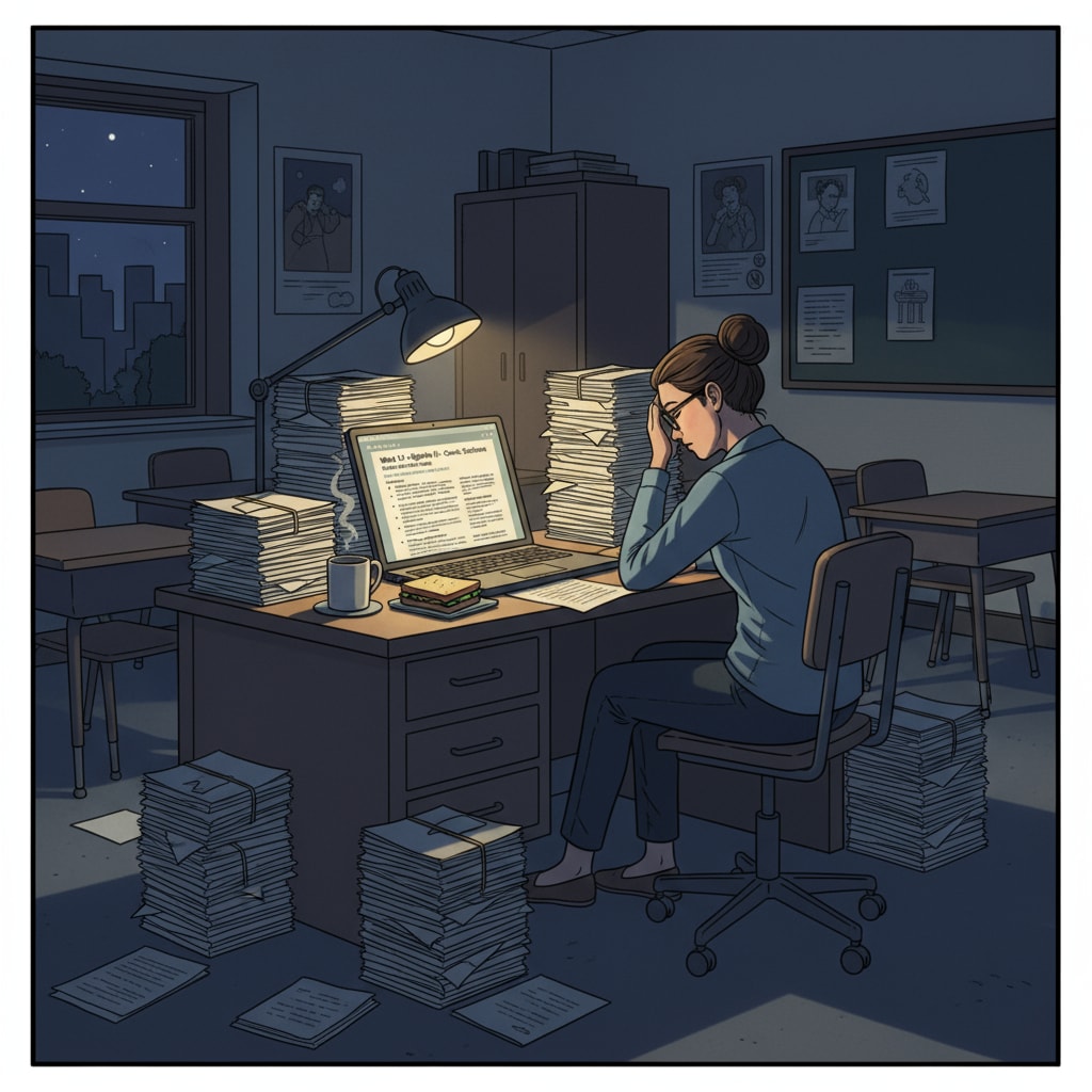 A teacher sitting alone at a desk late at night, surrounded by piles of ungraded papers and a computer with an open lesson plan. A K12 educator facing heavy workload and lack of work support