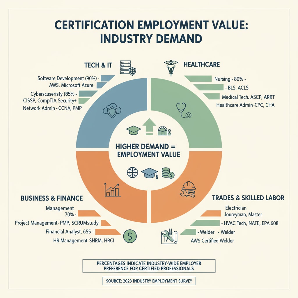 Graph showing the employment value of different certificates in various industries, related to career certificates, employment preparation, and educational value