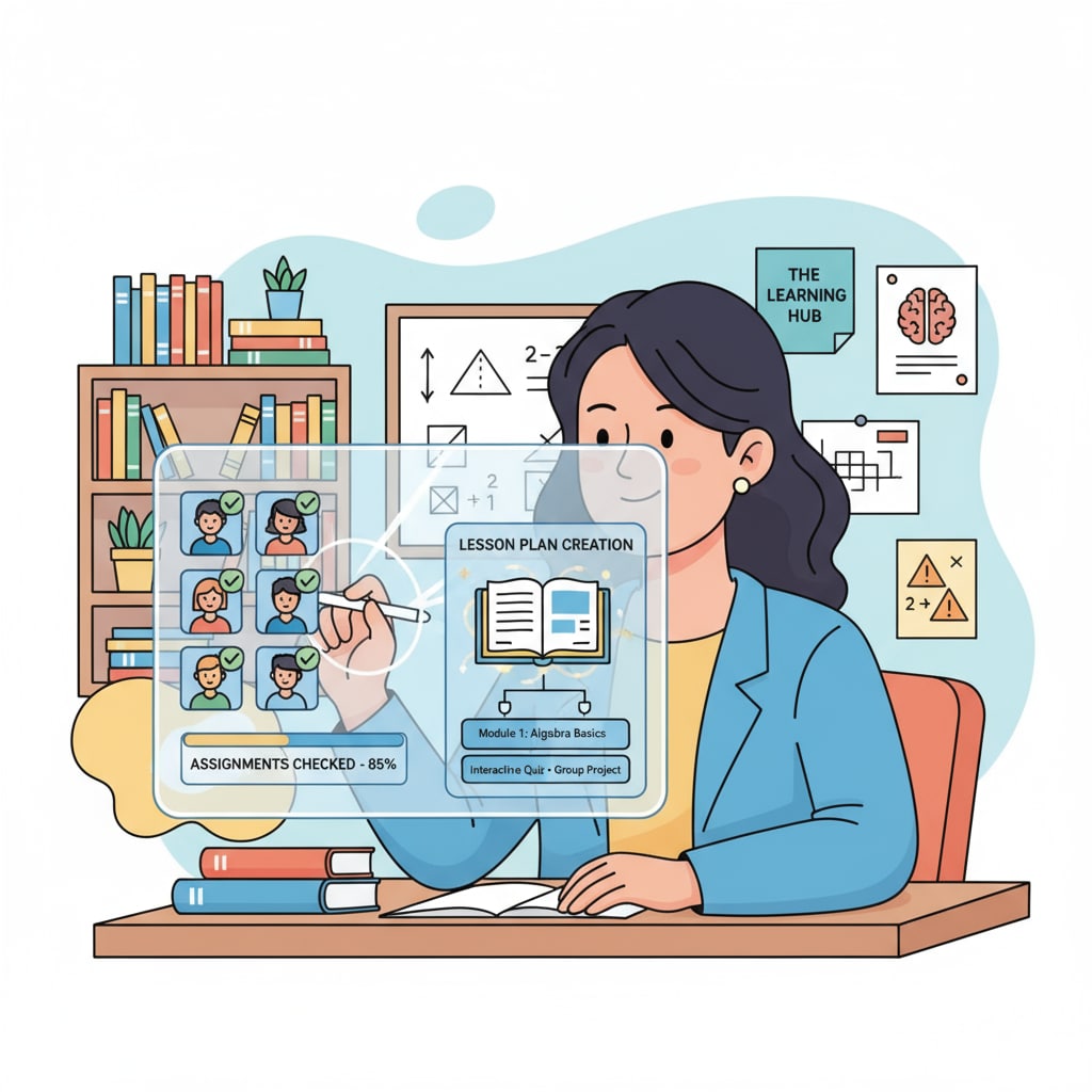 A classroom scene where a teacher is using a digital device to manage various teaching tasks, such as checking assignments and preparing lessons. A teacher using educational technology to manage teaching workload and enhance teaching feedback