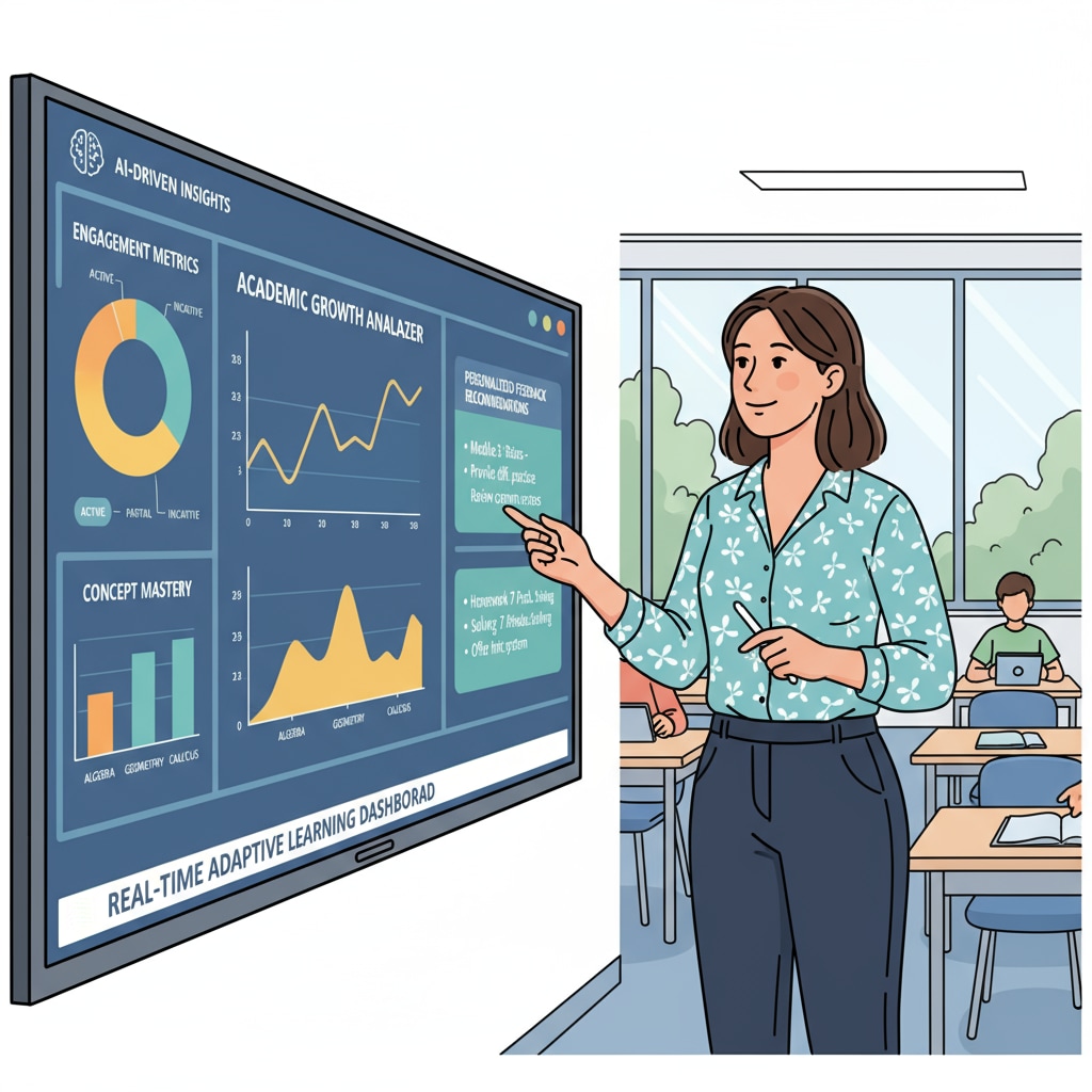 A teacher is looking at a screen showing educational technology tools analyzing student performance data, which can help in providing better teaching feedback. A teacher utilizing educational technology for student performance analysis and teaching feedback