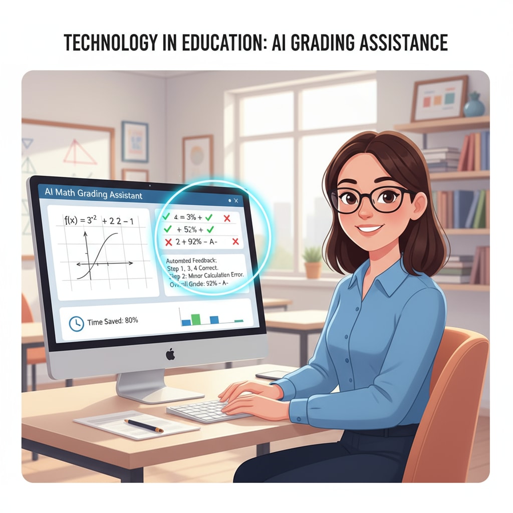 An illustration shows a teacher sitting in front of a computer, with an AI math grading tool interface on the screen, highlighting how technology is assisting in the grading process. An illustration of a teacher using an AI math grading tool to ease workload and save working hours.