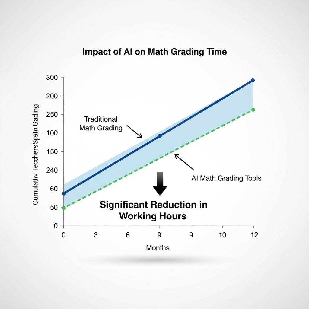 A graph with two lines, one representing the time taken for traditional math grading and the other showing the reduced time with AI math grading tools, visually demonstrating the impact on teachers' working hours. A graph showing the reduction in teachers' working hours due to AI math grading tools.