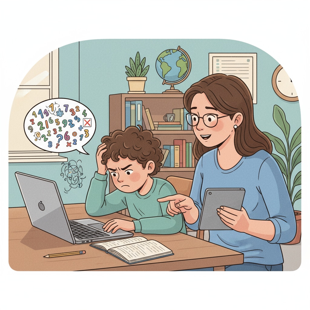 A child is sitting in front of a Chromebook, looking frustrated while trying to solve math problems, representing the challenges in digital math learning and parent tutoring. A child struggling with math on a Chromebook amidst the digital learning and parent tutoring context