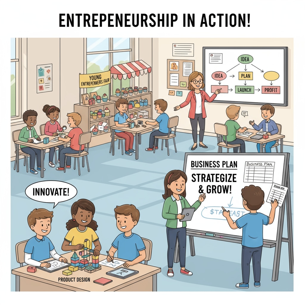 A classroom scene shows students actively engaged in hands-on projects related to entrepreneurship, with enthusiasm and teamwork. K-12 students engaged in practical entrepreneurial learning