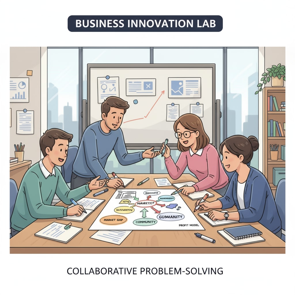 A group of students is gathered around a table, brainstorming ideas to solve a real-world business problem, with papers and markers spread out. K-12 students brainstorming for practical entrepreneurial solutions