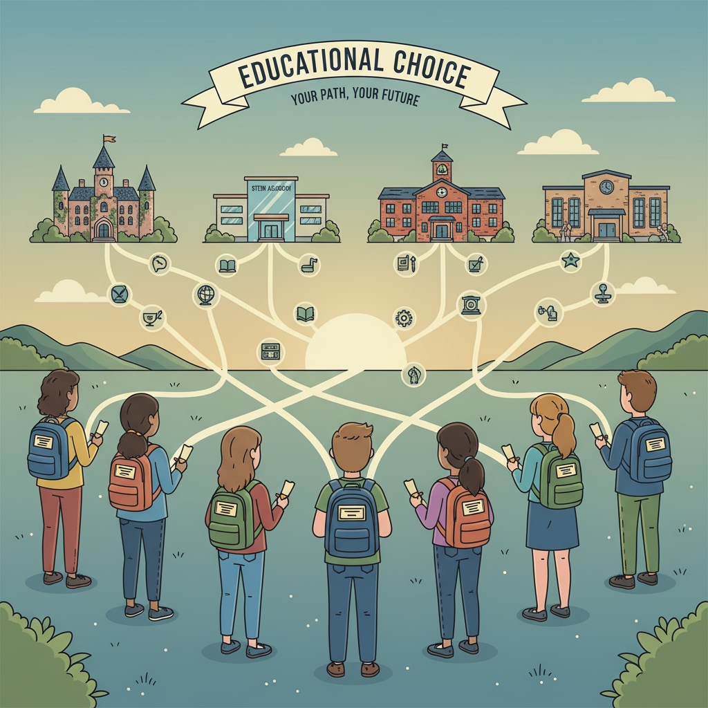 A visual representation of students having the freedom to choose different schools, with various school buildings in the background. School choice options for students representing conservative views on education policy
