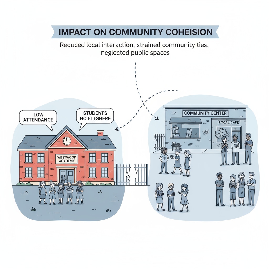 An image showing a neighborhood with a local school that is less attended due to students choosing schools outside the area, highlighting the impact on community cohesion. Impact of school choice on community cohesion in the context of conservative views on education policy