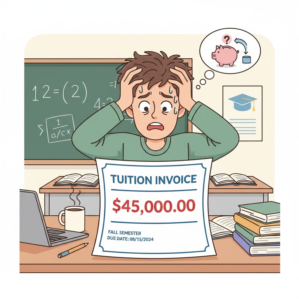 A student looking stressed while looking at a tuition bill. Student under stress due to financial hardship of tuition fees