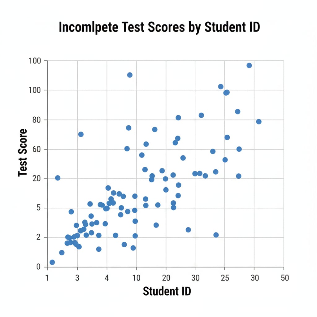 An illustration showing a graph with scattered data points representing incomplete test scores. The graph has axes labeled 'Test Score' and 'Student ID', and the scattered points indicate the irregularity in the data. Graph depicting incomplete test scores as scattered data points for data analysis, test scores, and outlier handling in K12 education
