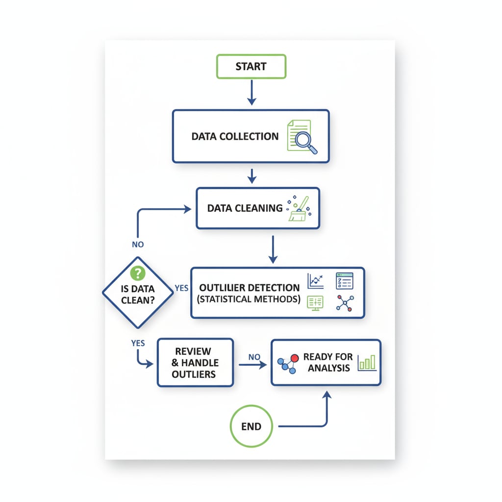 A diagram depicting the process of identifying outliers in a test data set. It shows a flow chart with steps like data collection, data cleaning, and outlier detection using statistical methods. Diagram showing the process of identifying outliers in test data for data analysis, test scores, and outlier handling in K12 education
