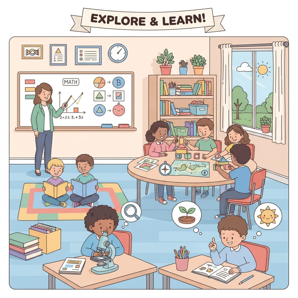 A group of students in a K12 classroom, engaged in various learning activities K12 classroom scene related to career development, educational requirements, and continuing education