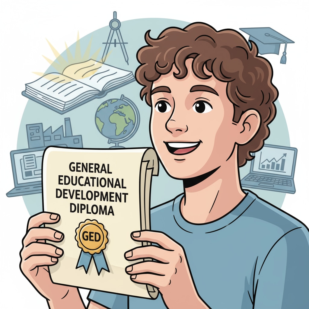 A young person looking at a GED certificate with a positive expression, indicating hope and a new start. A positive young person viewing their GED certificate, symbolizing improved career prospects despite depression.