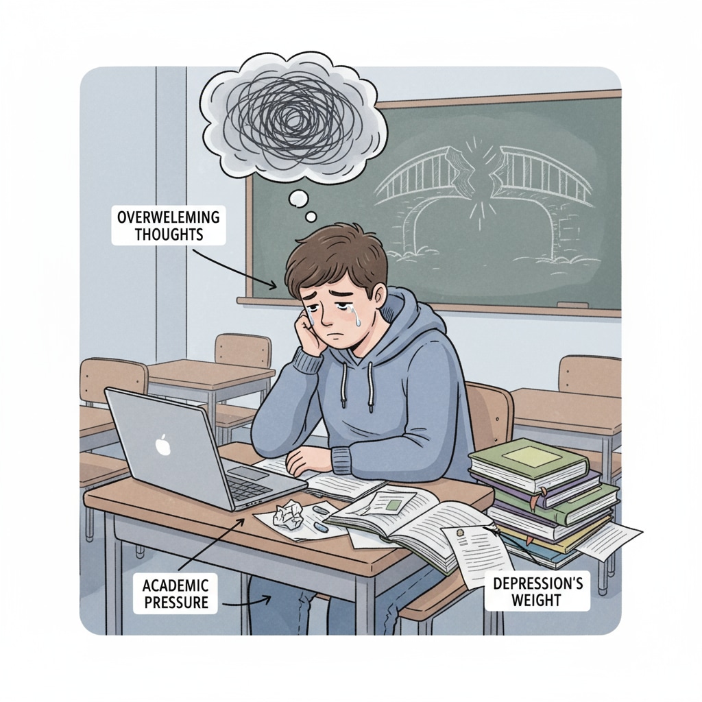 A student sitting at a desk looking sad and overwhelmed, representing the challenges of depression in high school. A sad student at a desk, showing the impact of depression on high school completion.