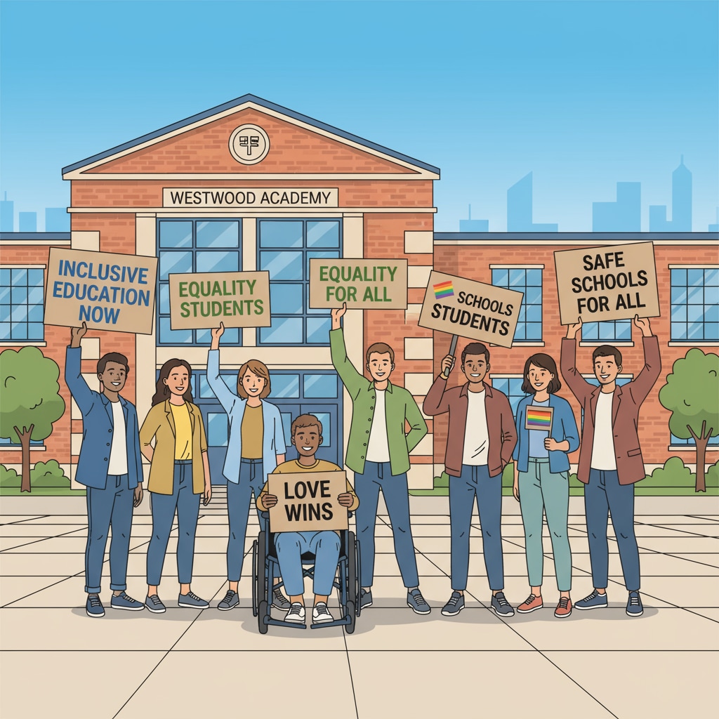 A group of LGBTQ+ activists holding signs that say things like 'Inclusive Education Now' and 'Equality for All Students'. They are standing together in front of a school building, showing their support for an inclusive educational environment. LGBTQ+ activists advocating for inclusive education outside a school building to resist far - right influence.