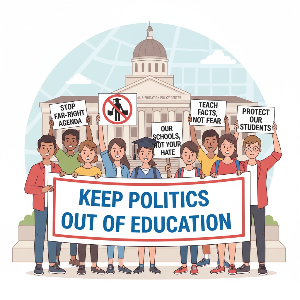 A group of protesters holding signs against far - right influence in education. The signs have messages like 'Keep Politics Out of Education' and 'Stop Far - Right Agenda'. They are gathered in a public square near a local government building where education policies are often discussed. Protesters against far - right influence in education gathering in a public square.