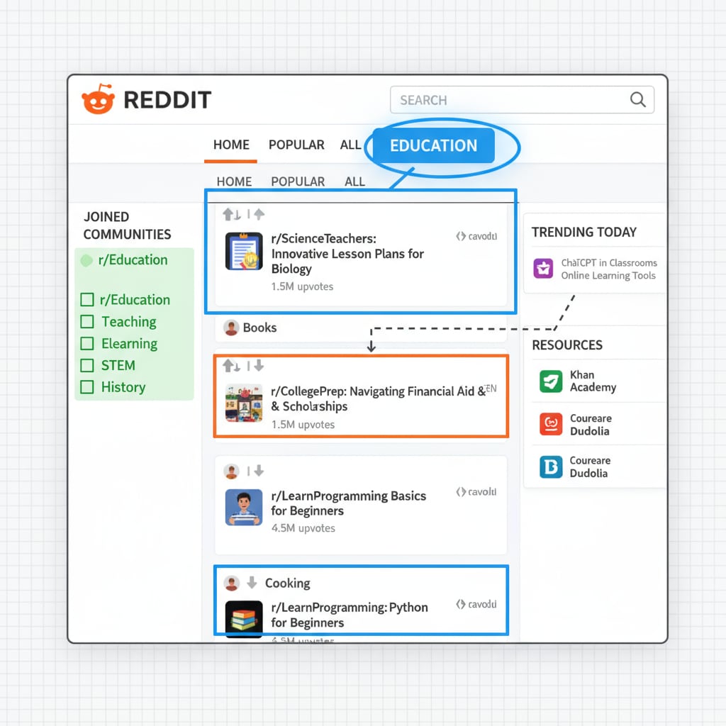 A visual representation of the Reddit interface highlighting education-related sections Reddit education community interface highlighting relevant sections