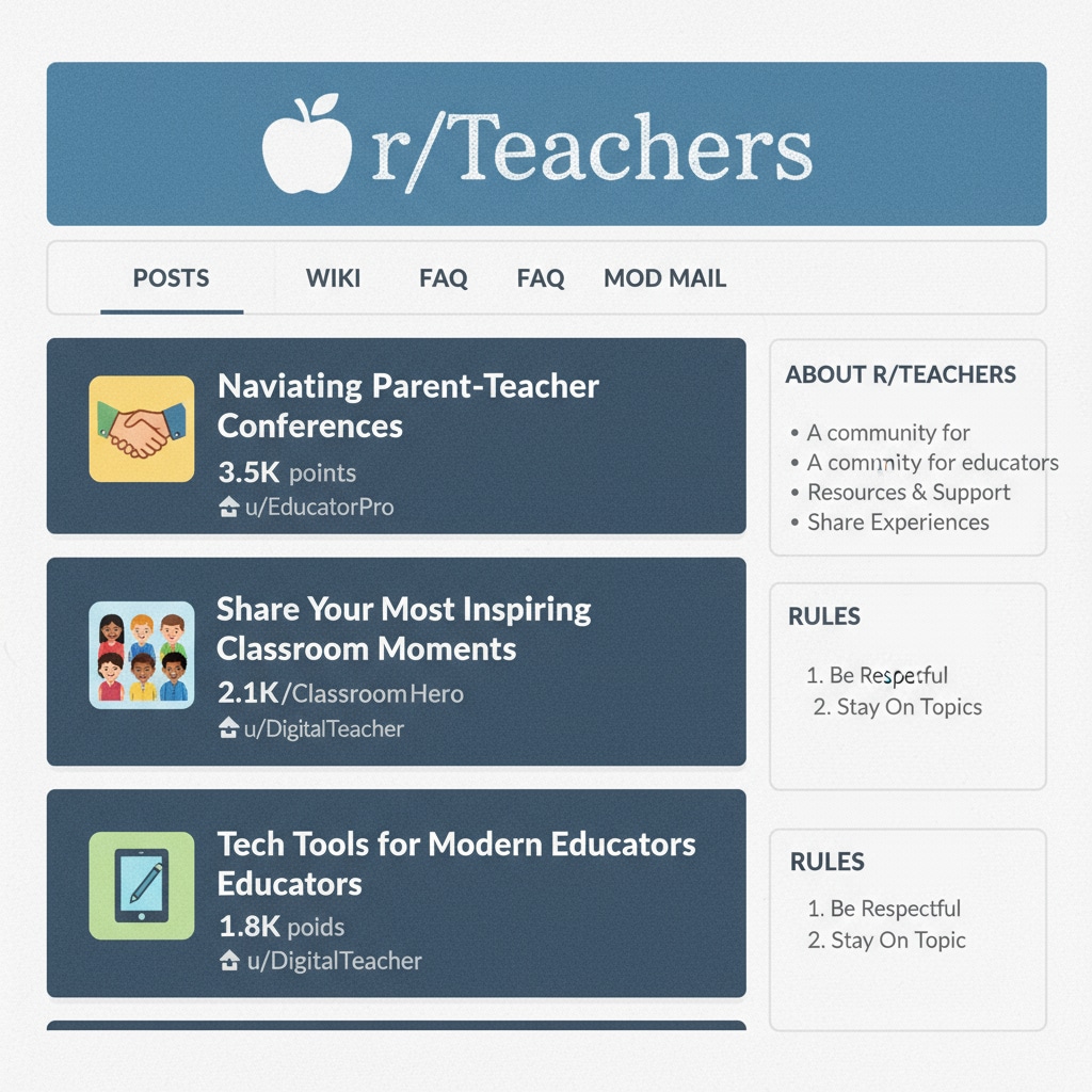 A screenshot of the r/Teachers subreddit page Screenshot of the r/Teachers subreddit page showcasing educational discussions