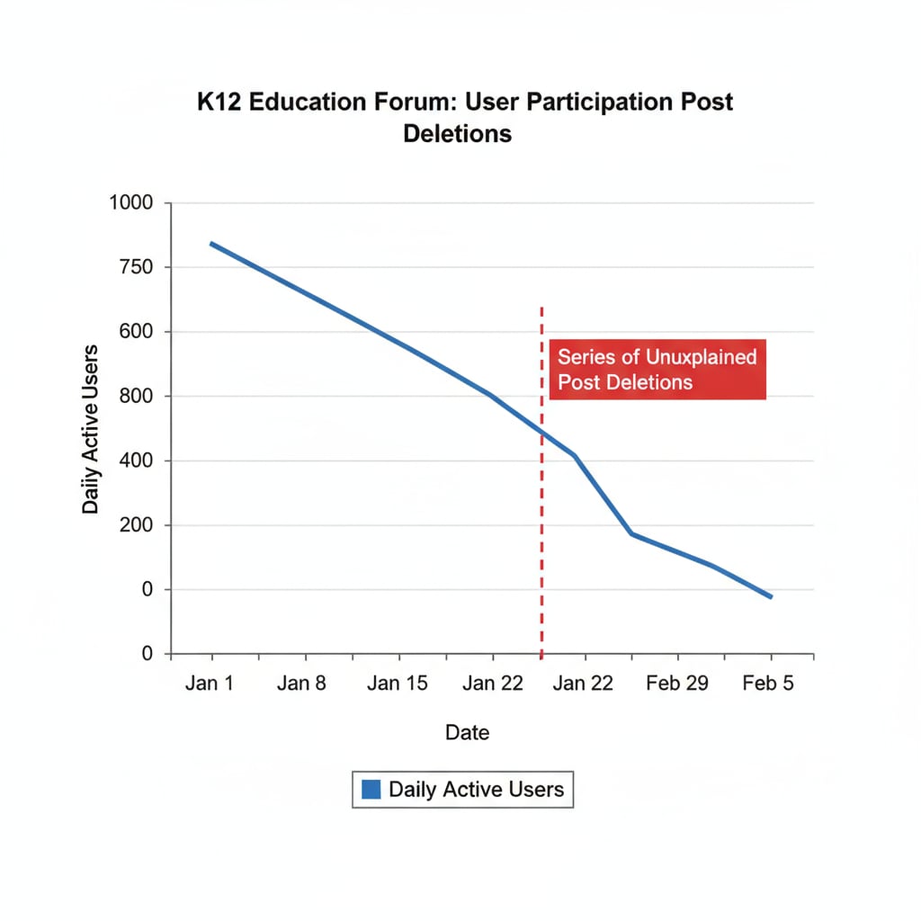 Graph showing decline in user participation due to post deletion without explanation in K12 education forum