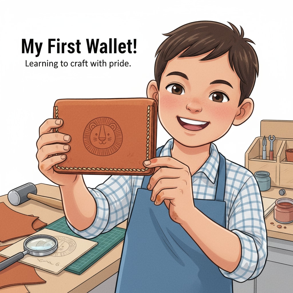 A child proudly showing a leather wallet they made in the context of leather education for children and fairy tale elements.