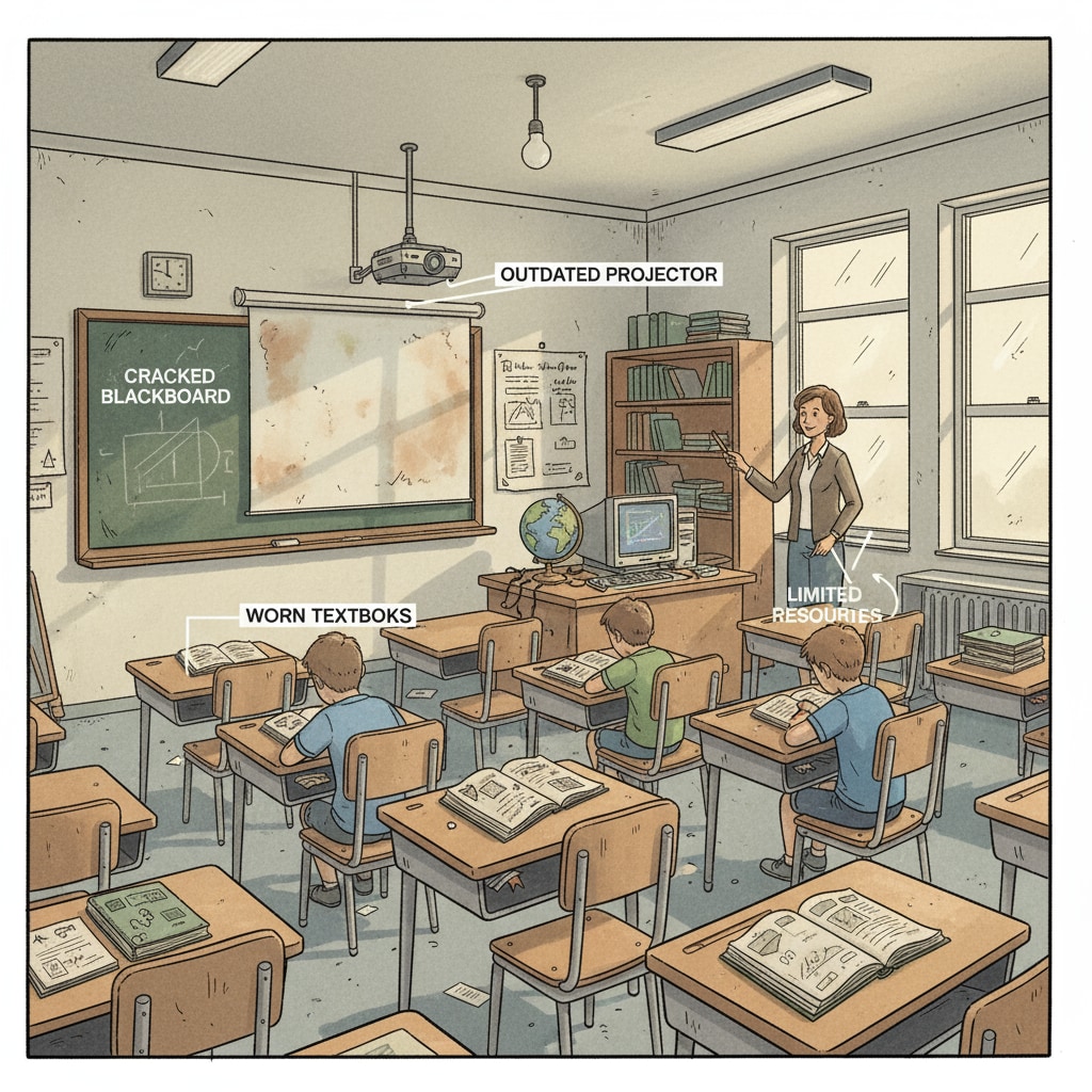 A classroom is shown with outdated teaching equipment, indicating resource shortages in education. Classroom with outdated equipment highlighting educational challenges