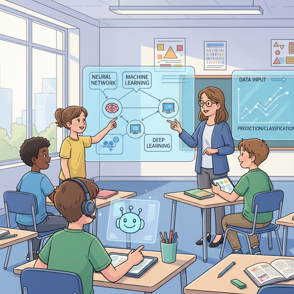 An illustration showing students in a classroom setting, attentively learning about AI concepts on interactive boards. Students learning AI concepts in a classroom for educational transformation related to AI courses and prompt writing