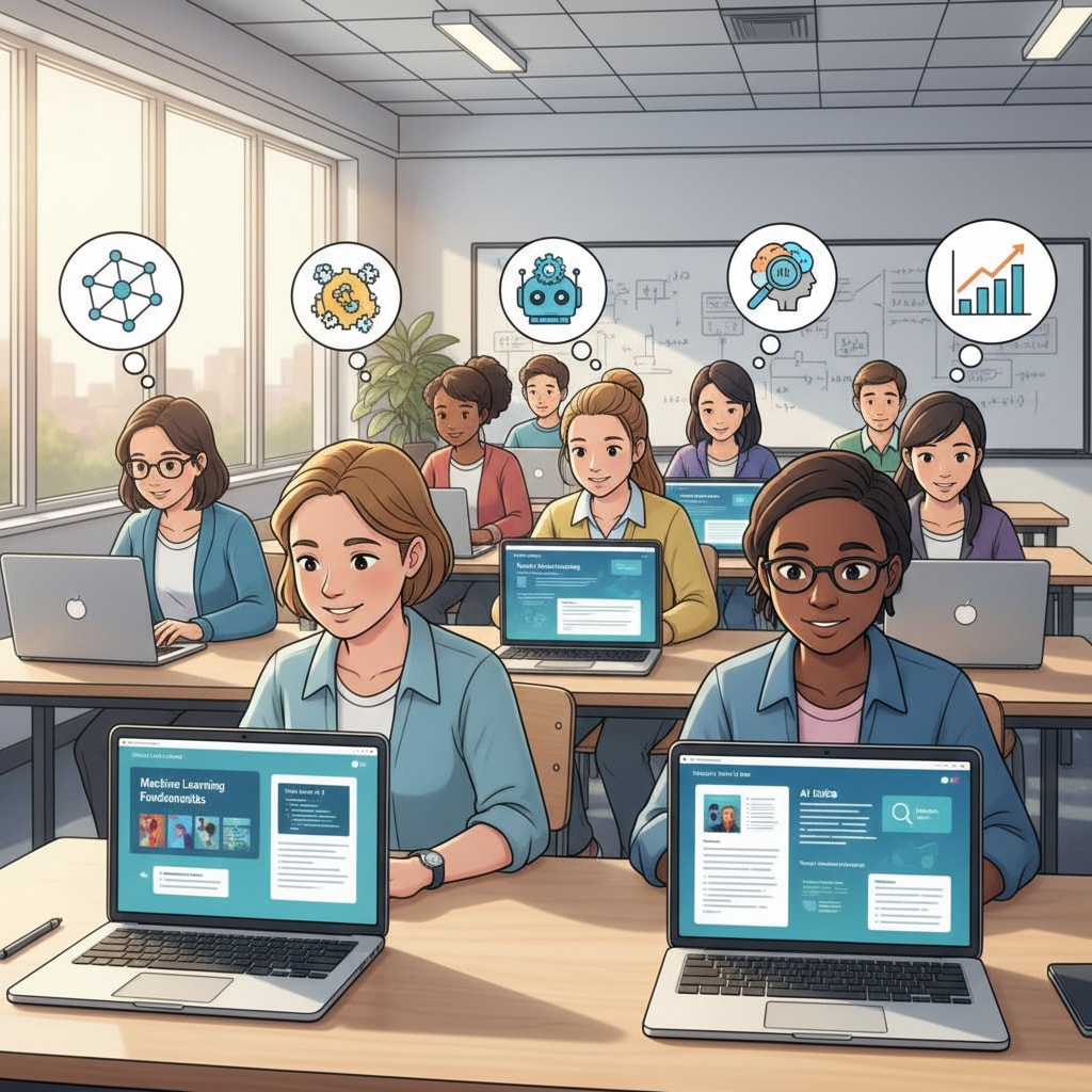 A picture of students sitting at desks, intently working on laptops, exploring various AI course materials. Students exploring AI course materials on laptops as part of educational transformation with prompt writing skills
