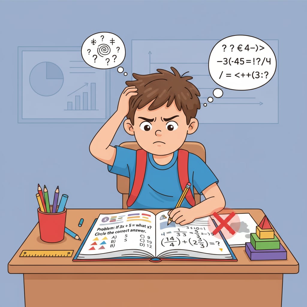 A child sitting at a desk, looking at math problems with a confused expression A child facing math difficulties at a desk